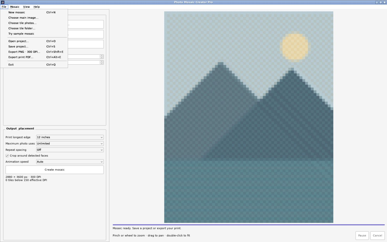 Photo Mosaic Creator Pro menu showing PNG and print PDF export options