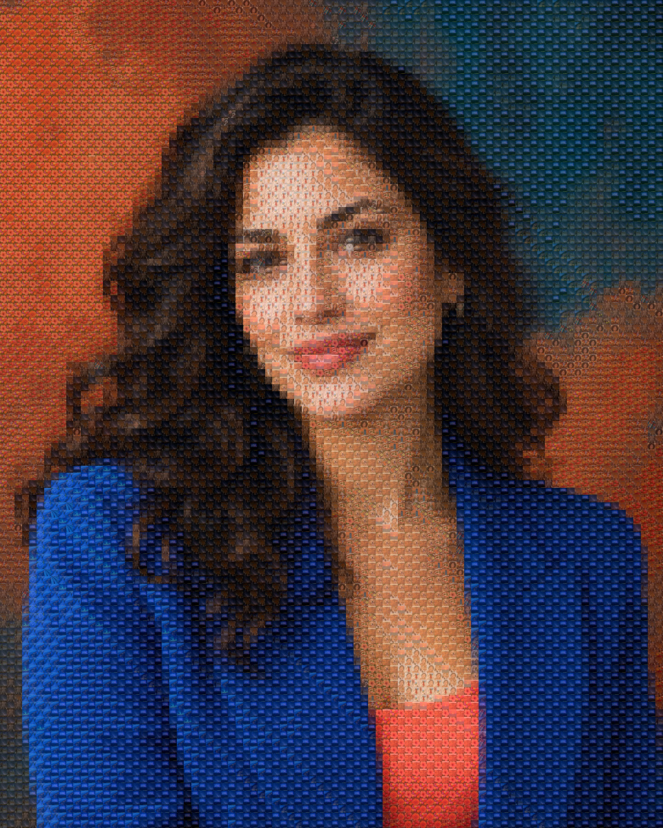 A woman's portrait created as a mosaic of smaller sample photographs
