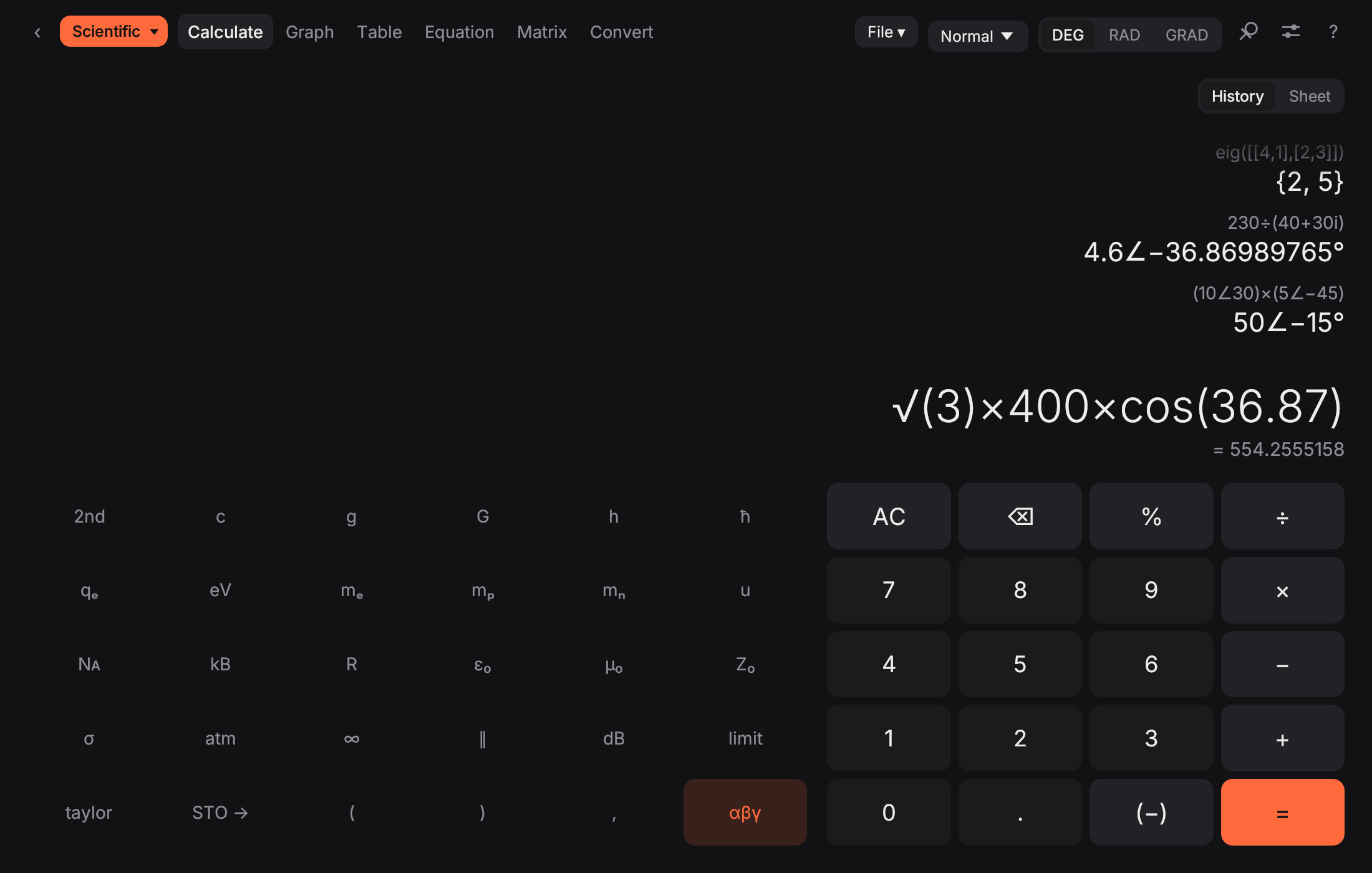 Calculate mode with the constants key layer showing c, h, kB, NA, ε₀, μ₀ and more