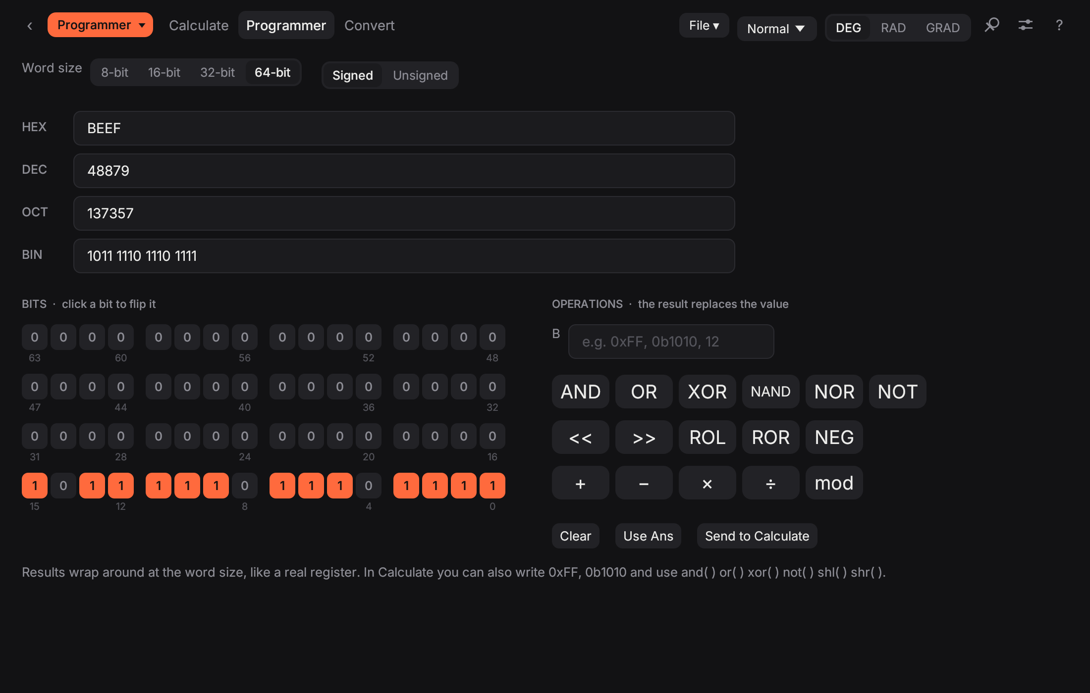 Programmer mode showing BEEF in hexadecimal, decimal, octal and binary with the bit grid